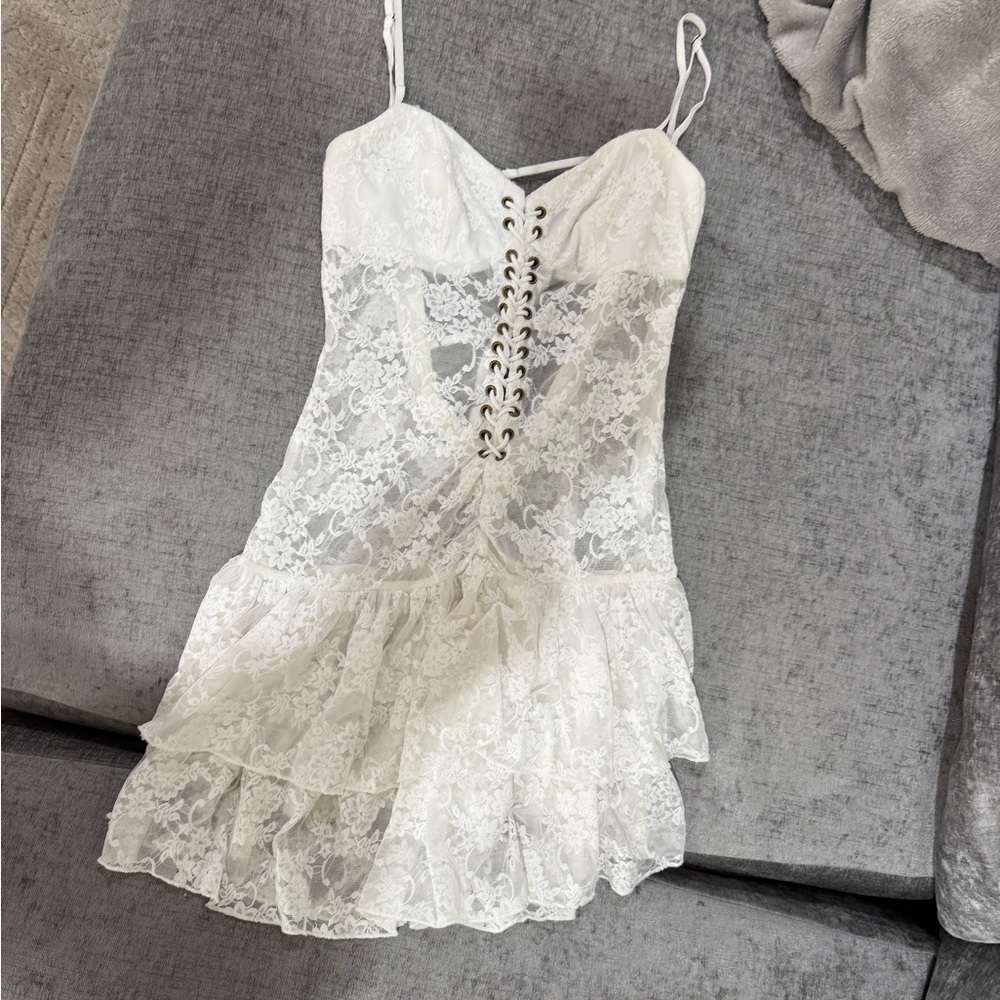 Festival White Lace Dress with Ruffle Hem
